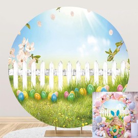 OERJU Spring Easter Round Backdrop Cover Easter Photography Backdrop Easter Colorful Eggs Garden Flowers Fence Green Grass Background Kids Easter Party Decorations Arch Photo Booth Props 6.5ft