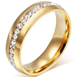 LEEYA NL19 Mens Womens 6MM Titanium Stainless Steel High Polished 18K Gold Plated Channel Set Cubic Zirconia CZ Promise Engagement Band Unisex Gold Wedding Ring Comfort Fit, Size 6-13 (7, Gold)