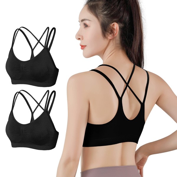 YUMISS Sports Bra, Set of 2, Non-Shaking, Full Stability, Thin Fabric, Breathable, Smooth Even At 98°F (38°C), Back Construction, Removable Pad, No Discomfort, Wireless, Elastic Bra, Sportswear, Sports Bra, Yoga Bra, black