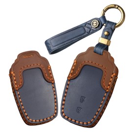 ontto Car key fob cover Compatible with Toyota Camry CHR Corolla RAV4 Avalon Land Cruiser Prado Prius leather key holder handmade contrast color Shell case keyring keychain Accessories 2 buttons Blue