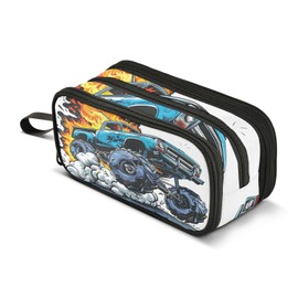 BOENLE Monster Truck Flame Pencil Case Box Boys Girls Large Pencil Pouch with Zipper Compartments Big Capacity Stationery Pen Bag Organizer for Kids Teens Adults School
