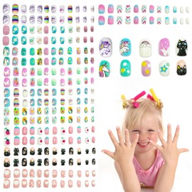 Ideal Swan 240 Pcs 10 Pack Press on Nails for Kids, False Nails Kids Press on Color Unicorn Animal, Children Acrylic Fake Nails Pre-glue Full Cover Press on Nail Kits Set for 8-12 Year