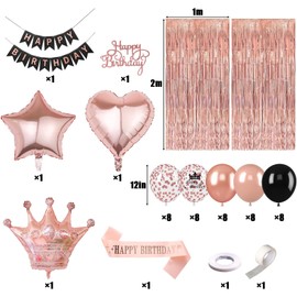 Birthday Decoration Rose Gold, Rose Gold Party Decoration Set with Happy Birthday Banner, Sash and Birthday Crown, Heart Star Foil, Confetti Balloons, Tinsel Curtain for All Ages (Rose Gold)