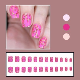 RIICFDD Valentine Press on Nails Short Square Fake Nails Pink Nail Press ons Cute Cartoon Heart Glue on Nails Full Cover Glitter Stick on Nails Artificial Glossy for Women Girls Acrylic Nails 24 Pcs