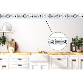 CONCORD WALLCOVERINGS ™ Wallpaper Border Vintage Pattern Coffee Cups Words for Kitchen Cottage Farmhouse, Black Gray, 15 ft by 5.2 in KV79530