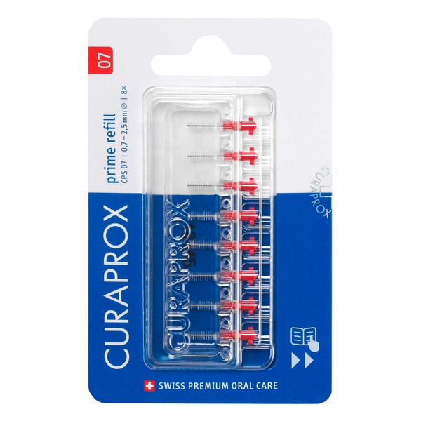 Curaprox Interdental Brushes CPS 07 Prime Refill, Pack of 8, 0.7 mm Diameter, 2.5 mm Effectiveness, Red, Refill, without Holder