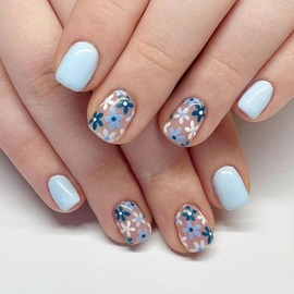 Square Press on Nails Short Fake Nails with Flower Designs Acrylic Glue on Nails Blue Full Cover Nails Press ons Pink False Nails Spring Cute Artificial Stick on Nails for Women 24Pcs