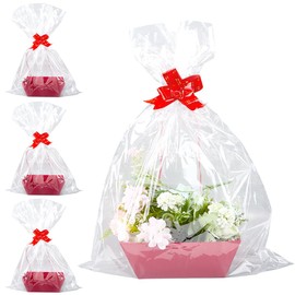 SOFPLATE Pack of 5 Red Gift Baskets Made of Cardboard Empty DIY Gift Baskets with Transparent Plastic Bags Drawstring Market Boxes Accessories Packaging for Filling for Adults Birthdays Christmas Hoc