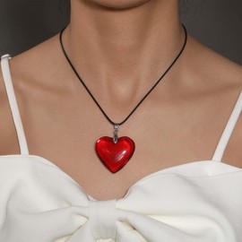 Iaceble Vintage Glass Heart Necklace Choker Large Red Heart Pendant Necklace Black Leather Rope Necklace Semi Transparent Love Heart Choker Necklace Jewelry for Women