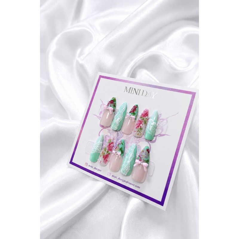 Sage Blooming Handmade Nail Tips - Long Stiletto / 세이지