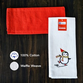 YOGAN Christmas Tea Towels (Pack of 2) | 100% Cotton | Waffle Weave | Super Soft | Super Absorbent | Lint Free | 45 x 70 cm (Christmas Penguin)