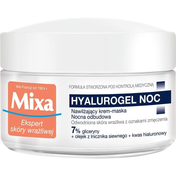 Mixa Hyalurogel Moisturising Cream Face Mask Night Building with Hyaluronic Acid for Sensitive, Dehydrated and Tired Skin, Moisture up to 24 Hours, 50 ml