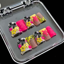 10Pcs Handmade Press On Nails Medium Duck Fake Nails Bow Charms With Star Design Y2k False Nails Full Cover French Tip Glue On Nail Artificial Cute Stick On Nail For Women(SIZE:S)