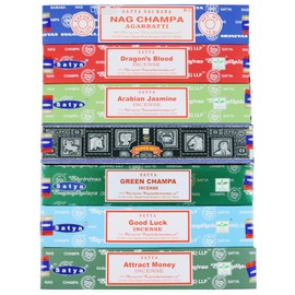 Satya Incense Sticks Gift Set, 7 Scents, Nag Champa, Super Hit, Dragon's Blood, Sandalwood, Patchouli, Lavender, Positive Vibes, 15g Each (Relaxation Mix)