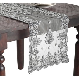 SARO LIFESTYLE Pewter Hand Beaded Design Table Runner, 16" x 90"