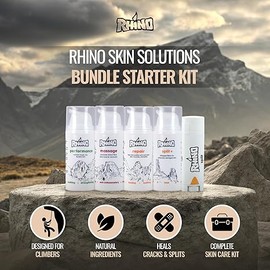 Rhino Skin Starter Kit Bundle - Climbing Skincare 5-Piece Set with Hand Cream, Lotion, Conditioner, Antiperspirant, and Balm | For Dry and Cracked Hands | Travel Size Hand Creams with Handmade Pouch