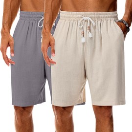 Neer 2 Pack Men's Linen Shorts, Casual Lightweight Drawstring Shorts 9 Inch Inseam Elastic Waist Short Pants with Pockets(Gray, Linen, Medium)