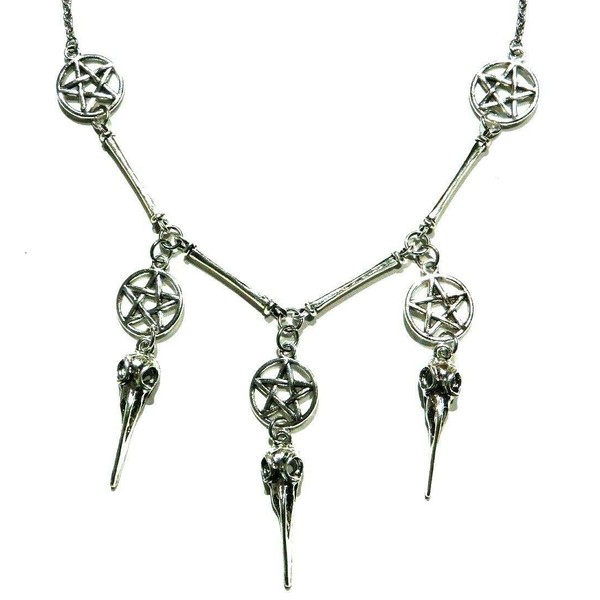Silvertone Bird Skulls & Pentagrams Statement Necklace Gothic Wiccan Pagan