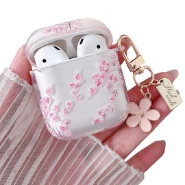 MINSCOSE Compatible with AirPods 1&2 Clear Case,Cute Flower Pattern Aesthetic Design with Floral Keychain, Soft TPU Protective Shockproof Cover for AirPods 1&2 for Girls Women-Pink Flower