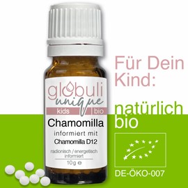 Chamomilla (D12) BIO Streukügelchen · globuli unique · informiert mit Chamomilla D12 · natürliche sanfte Begleitung beim Zahnen · 10 g · DE-ÖKO-007
