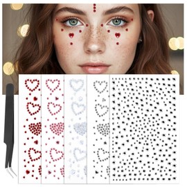 6 Sheets Face Gems for Kids, Self Adhesive Face Jewels Stickers Hair Gems for Women Heart Rhinestone Sticker Heart Gems Stickers Festival Face Gems Stick with Tweezers for Face Eye Makeup Nail