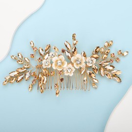 Rumtock Champagne Rhinestones Beads White Flower Hair Comb Wedding Bridal Boho Handmade Hair Accessories (Champagne)