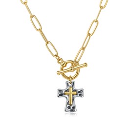 zocare Chunky Cross Necklace for Women,14K Gold Cross Pendant Charm Necklaces Vintage Choker Necklace Paperclip Chain Jewelry Non Tranish Jewelry Gift for Chrismas Mix Color