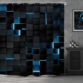 Riyidecor Blue Black Shower Curtain 72Wx72H Inch Abstract Navy Brick Modern 3D Gradient Designer Futuristic Cubes Geometric Plaid Mens Cool Bathroom Decor Fabric Polyester Waterproof 12 Pack Hooks