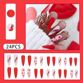 Valentines Press on Nails Almond Tip Fake Nails, Glue on Nails Pink Acrylic False Nails with Heart Press on Nails Love Designs Valentine Nails Press on Artificial Nails Stick on Nails For Women 24Pcs