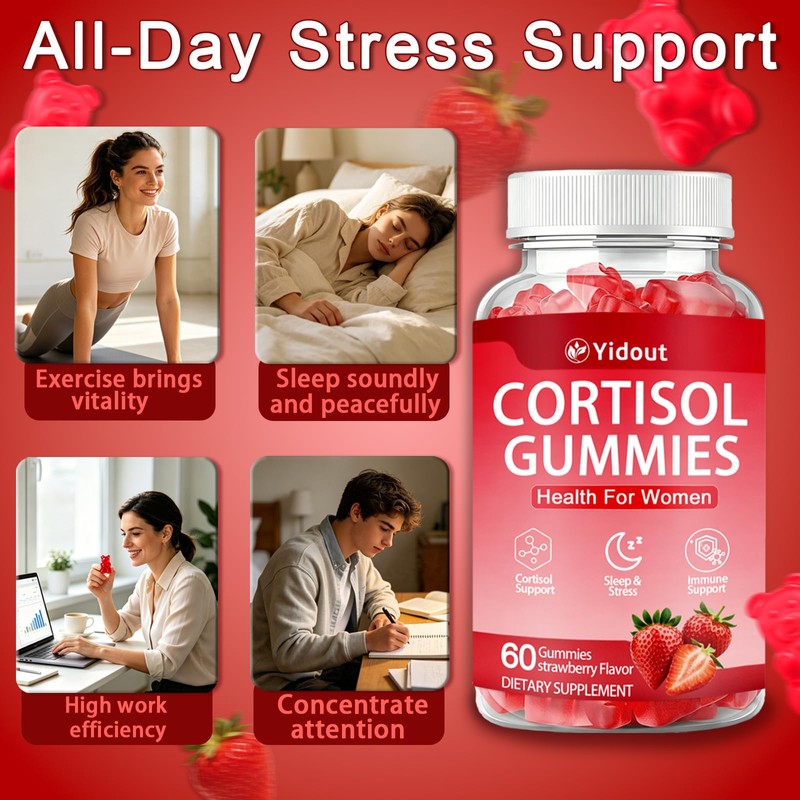 Cortisol Gummies Ashwagandha Rhodiola, Strawberry Wellness Chews for Adults