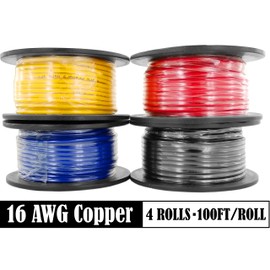 GS Power 100% Copper 16 AWG (American Wire Gauge) Automotive Primary Wire 4 Roll Color Combo (100 Feet Roll, 400 FT total) for Low Voltage Car Audio Video Stereo Trailer Harness Wiring