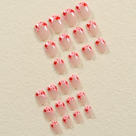 Valentine’s Day Press on Nails Heart Fake Nails, LPOODDNU Short Press on Nails Valentine False Nail Tips Glossy Red Acrylic Nails Square Shape Glue on Nails Red Heart French Stick on Nails for Women