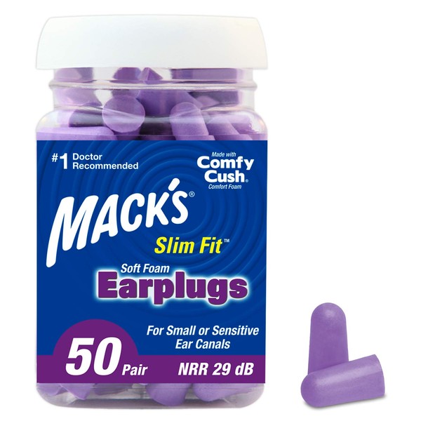 Mack's Slim Fit Soft Foam Earplugs, 50 Pair - Small Ear Plugs for Sleeping, Snoring, Traveling, Concerts, Shooting Sports & Power Tools