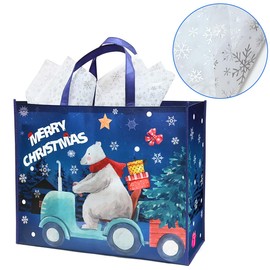 Blue Xmas Bag with Silver Snowflakes Tissue Paper Sheets，Topeedy 1pcs 50 * 40 * 18cm Resuable Gift Bag Printed Cute Bear and 2pcs 50 * 70cm Silver Wrapping Paper for Christmas Party present-1pcs