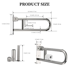 Toilet Grab Bar 22.4 Inch, YuanDe Flip Up Grab Bar with Paper Holder, Polished Chrome Anti-Slip Safety Bars for Toilet, Stainless Steel Knurled Toilet Handles for Seniors Disabled Elderly Pregnant