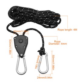 2 Pcs 4M Ratchet Ropes, Grow Lights Ratchet Hangers with 2 Replacement Snap Hooks Metal, Adjustable Heavy Duty Rope Hanger for Grow Room Equipment and Outdoor Camping