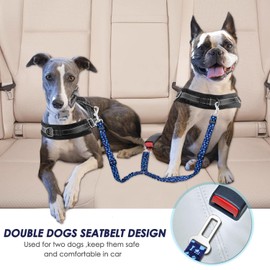 SlowTon Dog Seat Belt, Double Dog Seatbelt Adjustable Vehicle Safety Leash with Elastic Bungee Buffer, Reflective No Tangle Y Shape Two Dog Harness Seat Belt Splitter for Pets Car Trip (Blue Paws, M)