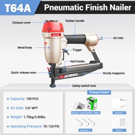 meite T64A 16 Gauge Finish Nailer with 2500PCS Nails (2"), Pneumatic Finish Nail Gun, Fits 16 Gauge Finish Nails 1-1/4" up to 2-1/2", Lightweight Air Finishing Nail Gun for Woodworking