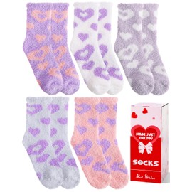 MOGGEI Valentines Day Gifts for Her Women Fuzzy Fluffy Socks Thick Warm Winter Soft Cozy Plush Fleece Sleep Home Cabin Soft House Heart Socks Christmas Stocking Stuffers 5 Pairs (Light Purple,M)