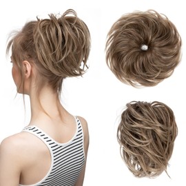 CJL HAIR Large Messy Bun Hair Piece Wavy Curly Scrunchies Synthetic Chignon Ponytail Hair Extensions Thick Updo Hairpieces for Women Brunette and Ash Blonde Tips