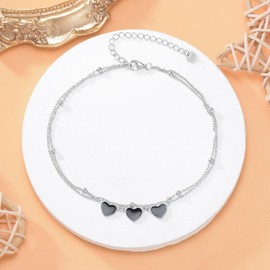 YFN Heart Anklet 925 Sterling Silver Layered Anklet Black Heart Ankle Bracelets for Women Adjustable Beach Women Anklets Jewellery Gifts, Sterling Silver