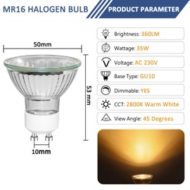 Caldarax 8 Pack GU10 35W Halogen Spotlight Bulb Dimmable, Warm White 2800K, MR16 230V Halogen Reflector Lamps, 360LM, Beam Angle 45° Spot, for Track Lighting, Recessed Lighting