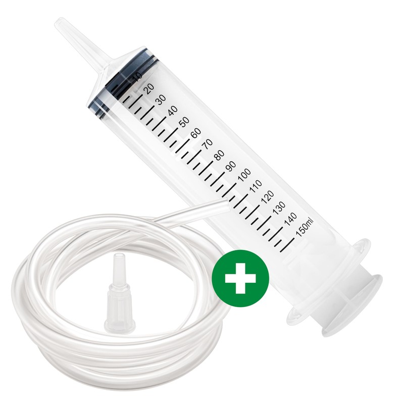 Syringe 150ml with 1m Hose, Catheter Attachment and Luer Adapter.
