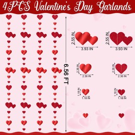 4PCS Valentines Garland, Double Hearts Valentines Party Decorations, 6.56 FT Glitter Valentines Day Banner, Hanging String Red Valentines Banner Pre-Strung Heart Banner for Valentine' s Day Wedding