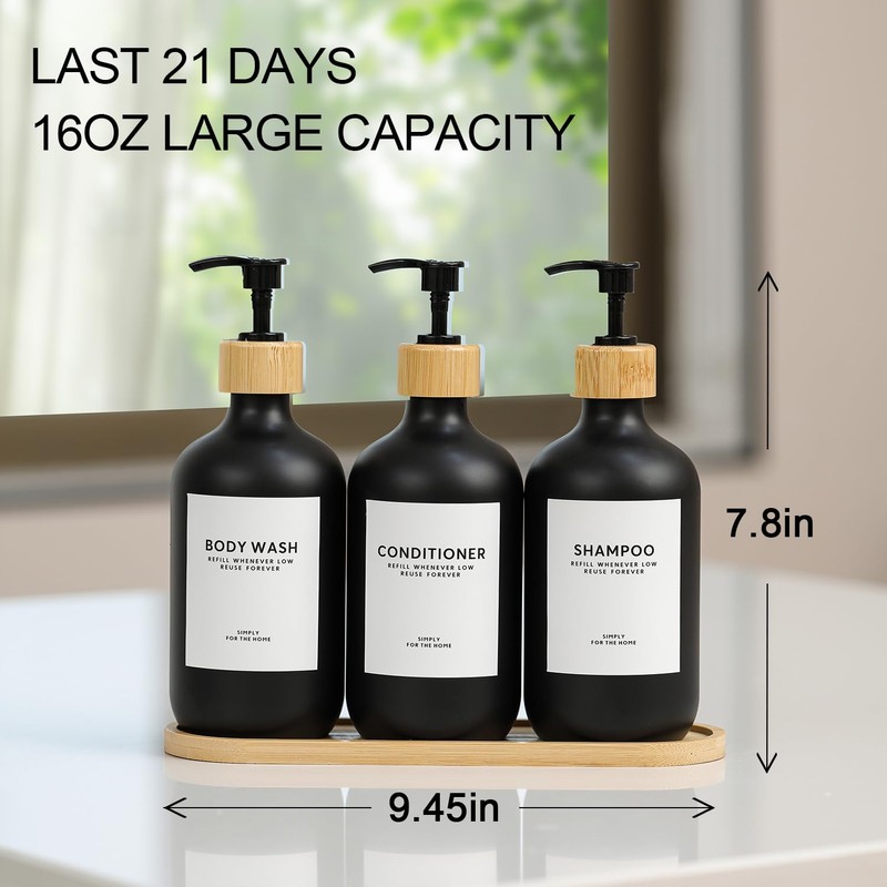 Shampoo and Conditioner Dispenser,16.9 fl oz Set of 3 Black