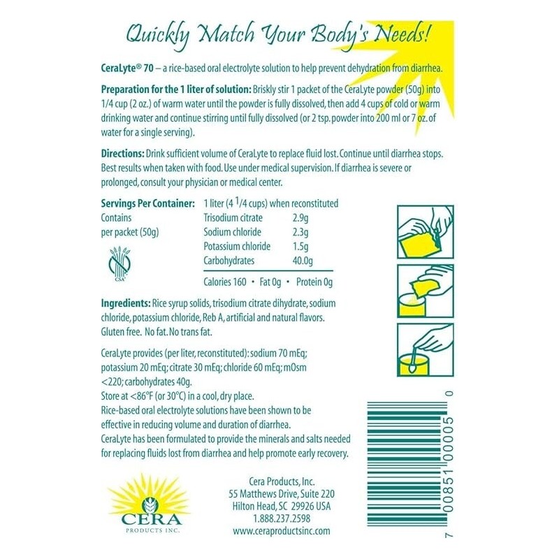 Ceralyte Lot of 10 CERALYTE-70: RICE-BASED ORAL ELECTROLYTE DRINK MIX-50g