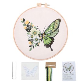 Butterfly Flower Embroidery Kit for Beginners, Cross Stitch DIY Craft Set, Beginners Embroidery Kit, Hand Embroidery Kit with 2 Needle 10 Thread 1 Embroidery Circle and Instructions, Green