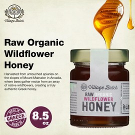 Village Batch Raw Organic Wildflower Honey, Pure and Unfiltered Greek Honey from Mount Mainalon, Unheated and Unpasteurized for Full Flavor, Aromatic Notes of Mountain Tea, Sage and Mint (8.5oz Jar)
