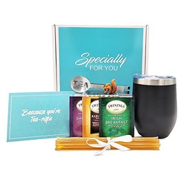 Tea Gift Sets for Tea Lovers Basket |15 Unique Teas | Double Insulated Tea Cup | Natural Honey Straws | Tea Kit Gift Set | Tea and Honey Gift Set | Tea Gift Sets for Tea Lovers Women Gift Box (Black)