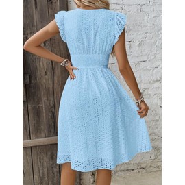 myzgx Women's Summer Sexy Eyelet Lace Embroidery Smocked Dress Flutter Sleeve A-Line Midi Long Beach Sundress (Small, Sky Blue)